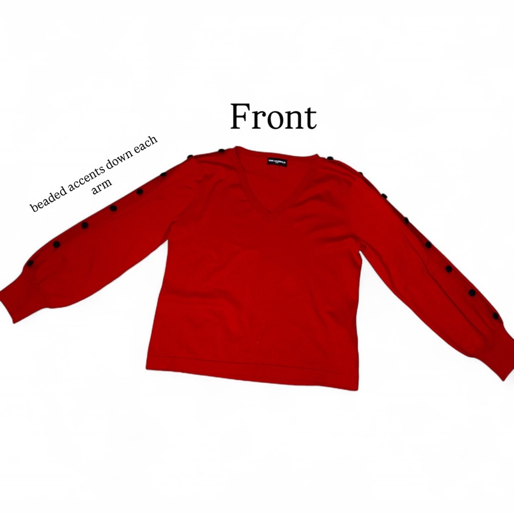 KARL LAGERFELD Large Vibrant Red Knit Sweater w/ Black Buttoned Accents